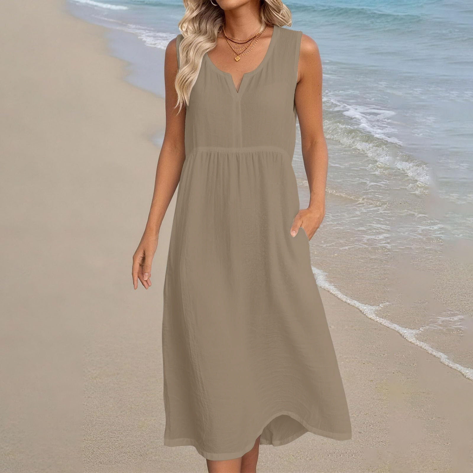 Robe midi en coton pour femmes, avec poches latérales, sans manches, col rond, taille haute, ample, décontractée, couleur unie, robe de plage, été