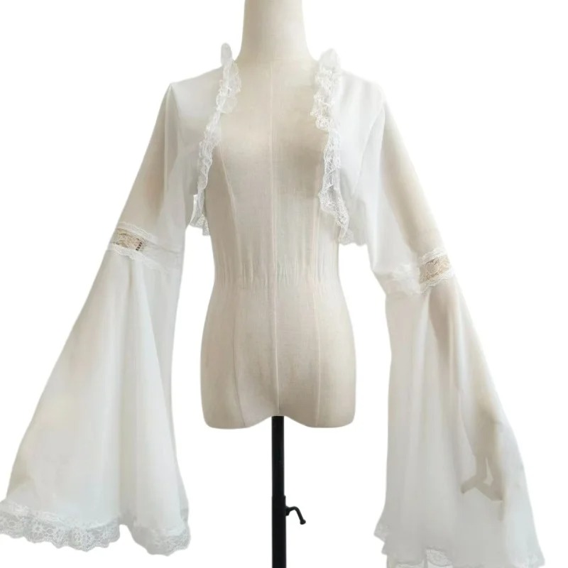 Boléro en dentelle transparente à manches longues évasées, style elfe, pour mariée, avec volants, châle, couvre-robe, veste ouverte Lolita, cardigan