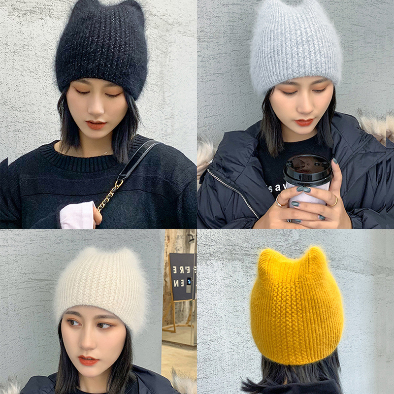 Bonnet en fourrure de lapin Angola pour femme, tricoté, doux et chaud, décontracté, nouvelle collection hiver bonnet femme hiver