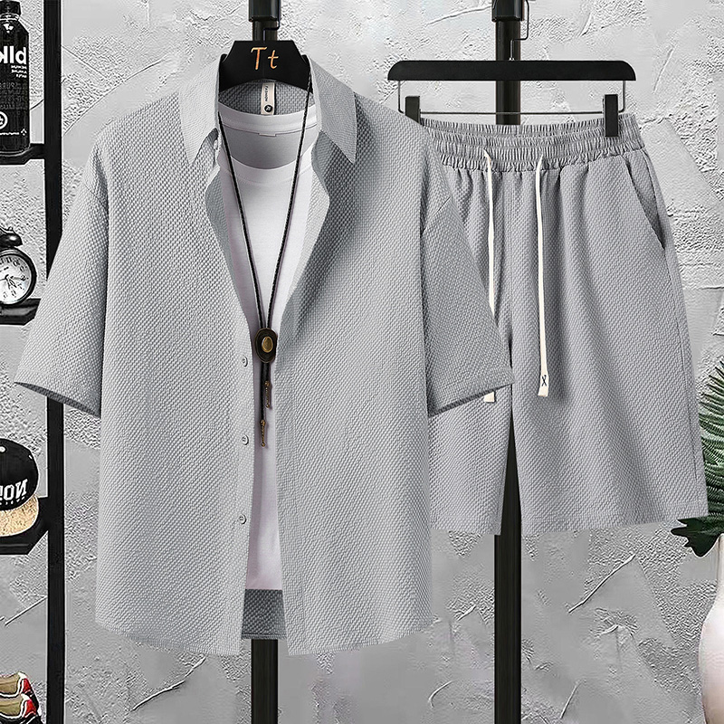 【Chemise + pantalon 5 points】Ensemble chemise à manches courtes pour hommes, mode d'été, couleur unie, en seersucker, ensemble deux pièces ample, simple et polyvalent