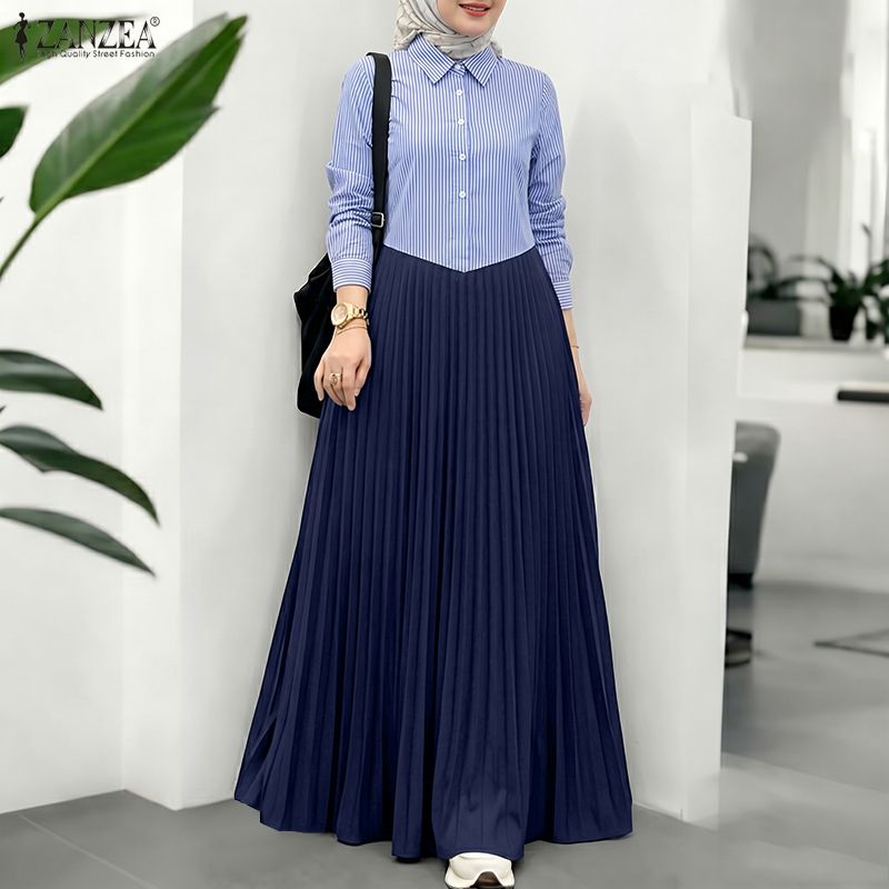 Robes Maxi Abaya Musulmanes Élégantes pour Femmes, Patchwork, ZANZEA, Robe de Ramadan, Robe Femme Casual à Manches Longues, Robe Plissée, Kaftan, Vestido
