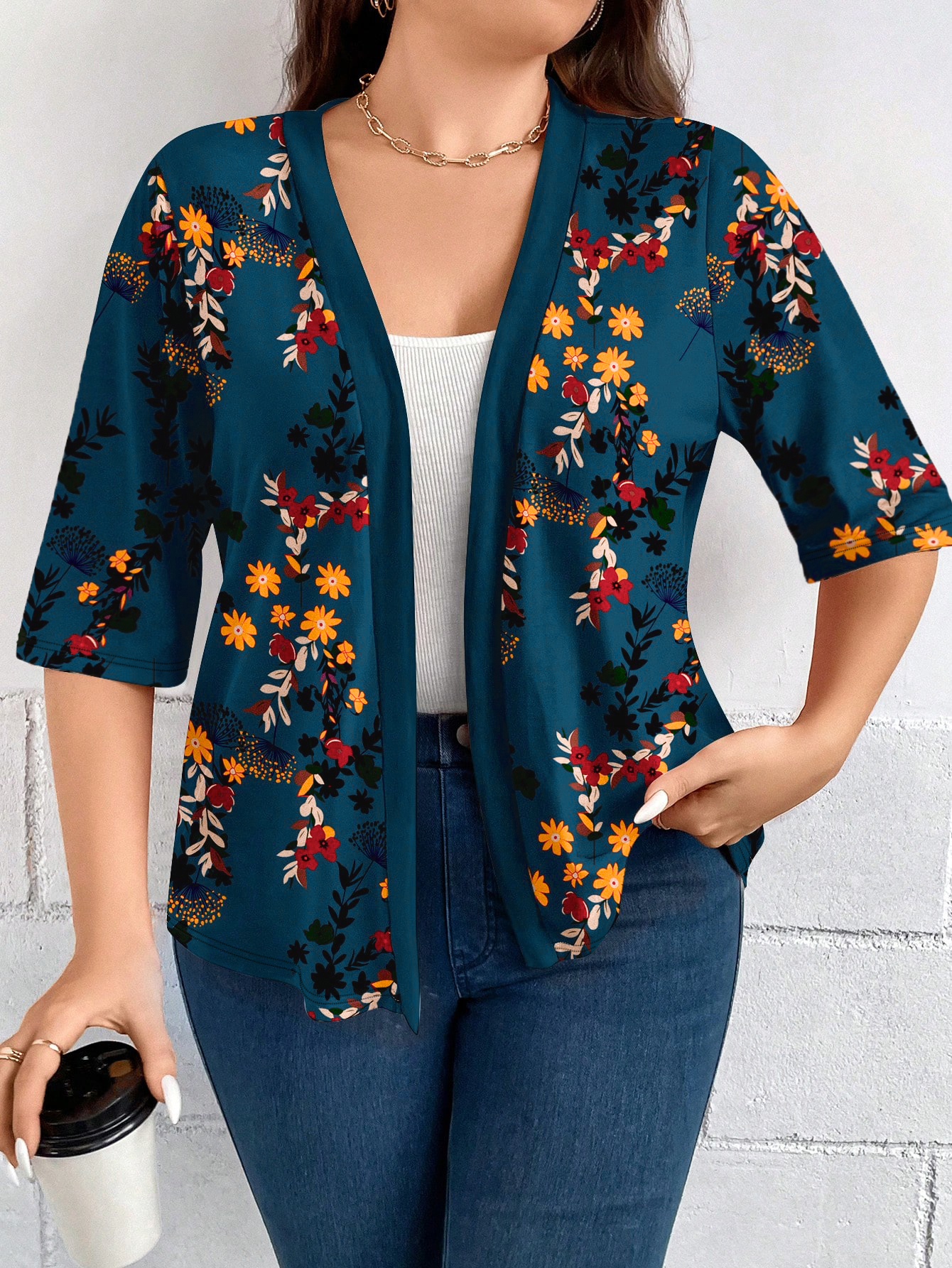 Cardigan floral à manches courtes pour femme, grande taille, imprimé floral bleu sarcelle, haut superposé ouvert sur le devant pour le printemps et l'automne