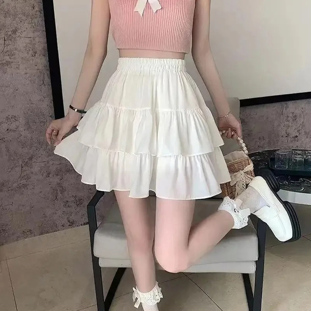 Jupe trapèze plissée blanche pour femmes, à volants, douce, Style Preppy, taille élastique, Slim, Simple, décontractée, vente en gros, été