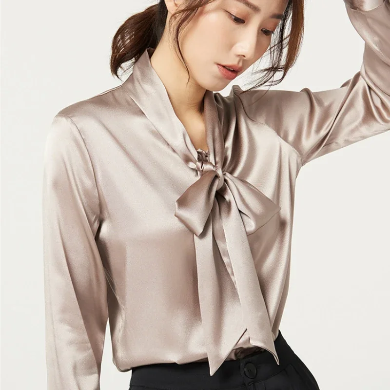 Chemise en soie de mûrier lourde pour femmes, chemisier à manches longues en Satin de soie, col en v, avec ruban à nœud, nouvelle collection printemps et automne 2025