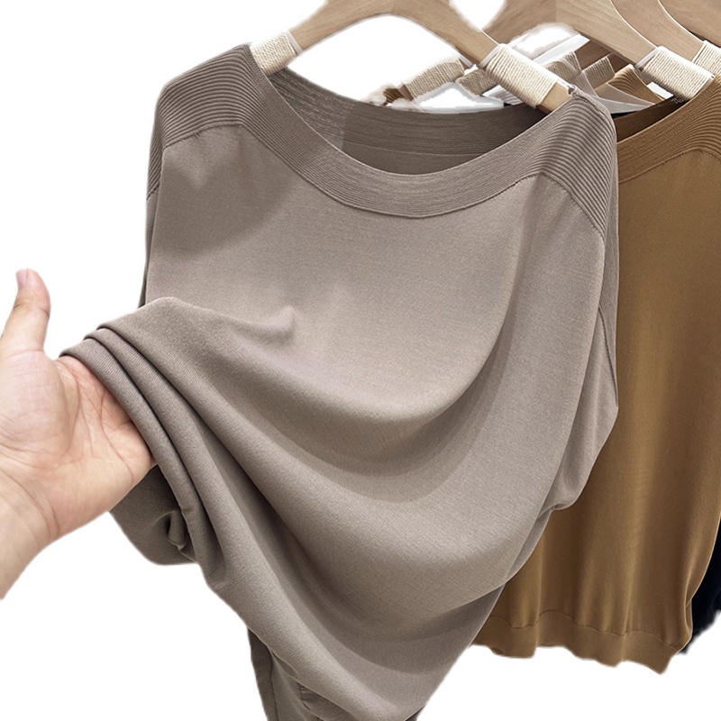 Vêtements pour femmes couleur unie glace soie tricoté T-shirt à manches courtes femmes été ample et mince manches chauve-souris haut de style étranger