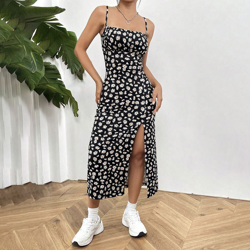 Robe décontractée pour femme, imprimé floral marguerite, bretelles spaghetti, robe midi moulante à col carré, fendue, robe d'été pour plage et soirée