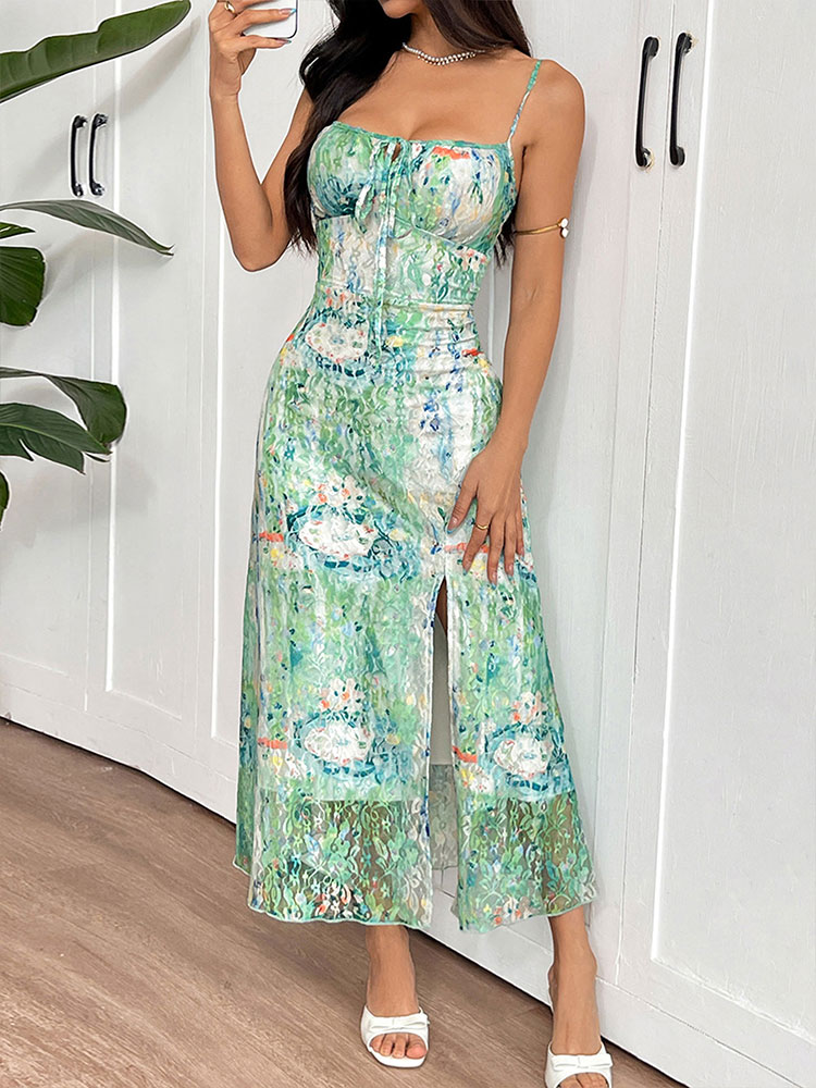 Robes longues pour femmes, nouvelle collection été, style streetwear, imprimé, à lacets, fendues, à fines bretelles, sexy, dos nu, élégantes, vêtements féminins