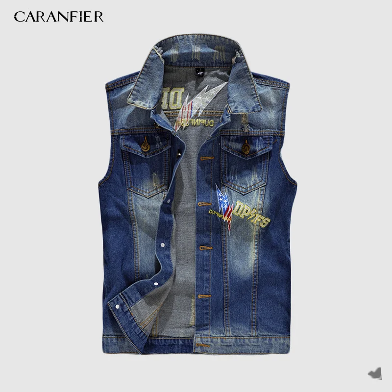 CARANFIER Denim gilet hommes Punk Rock Rivet Cowboy noir jean gilet homme moto veste manteau sans manches épissure vêtements