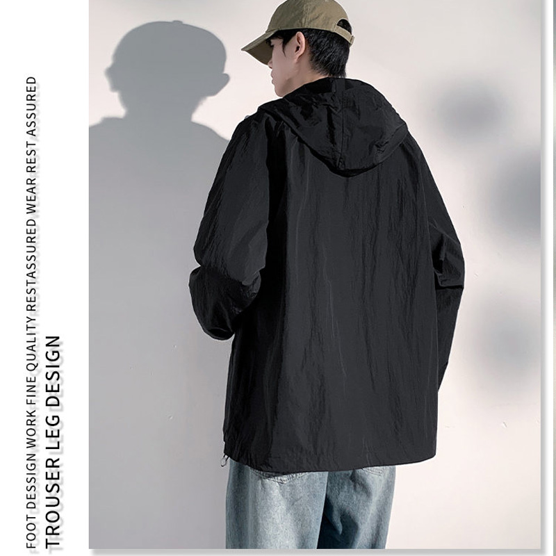 Veste d'été fine à capuche pour hommes, vêtements de Protection solaire imperméables, fermeture éclair complète, peau à séchage rapide, manteau coupe-vent noir