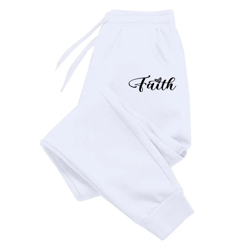 Pantalon de jogging long en molleton pour femme, imprimé lettres 'Faith', pour l'automne et l'hiver, idéal pour le sport, le fitness et les activités de plein air, style décontracté et tendance