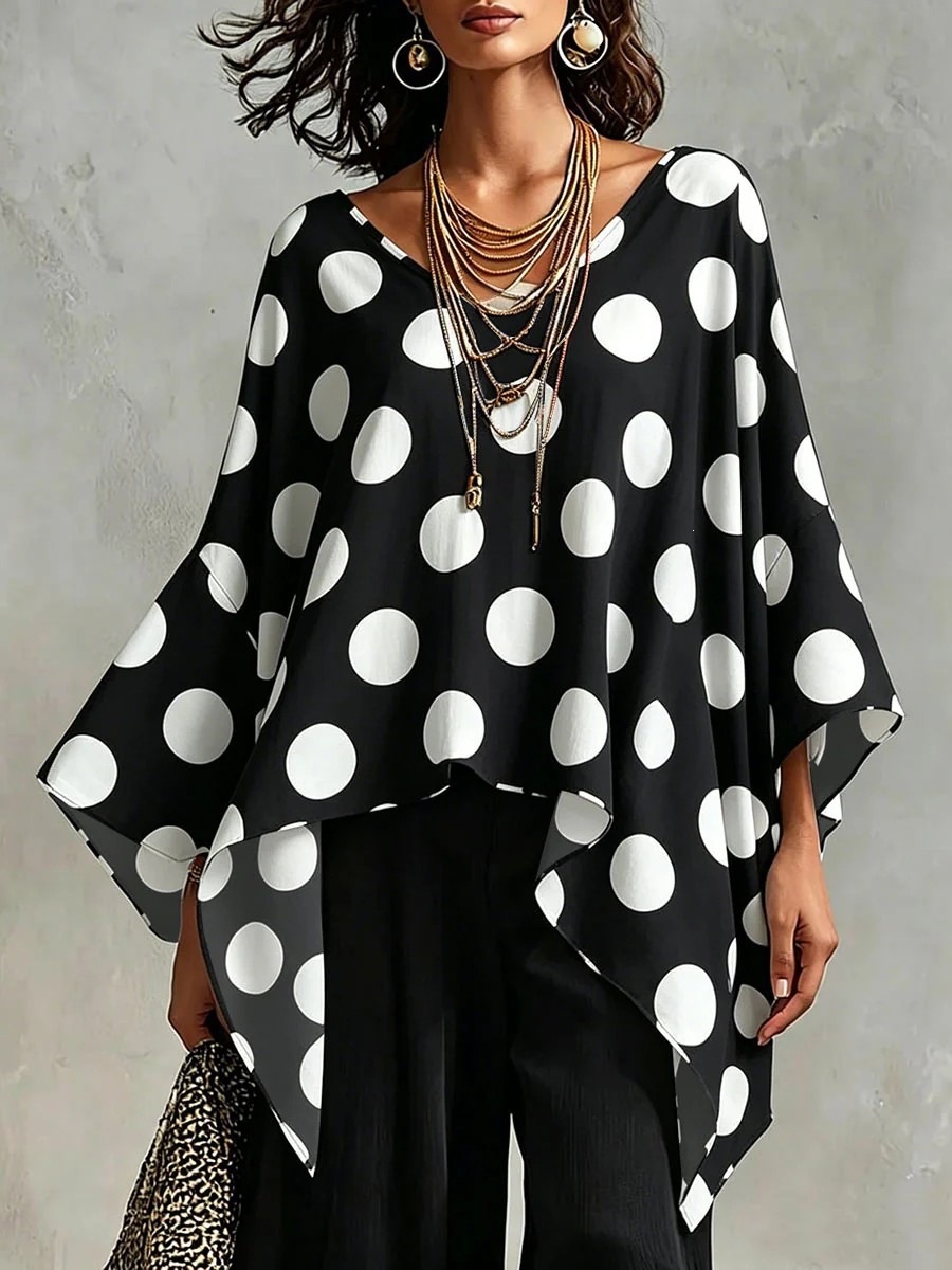 Chemisier ample en mousseline imprimé vintage pour femme, mode streetwear été 2026, chemise pull à col en V et manches trois-quarts pour femme
