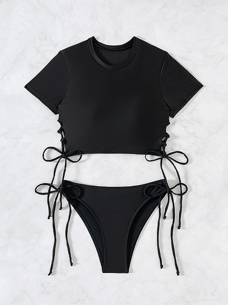 Nouveau Maillot de Bain Deux Pièces 2026 pour Femme – Ensemble Bikini Sexy Couleur Unie à Manches Courtes avec Cordon de Serrage – Idéal pour les Vacances à la Plage