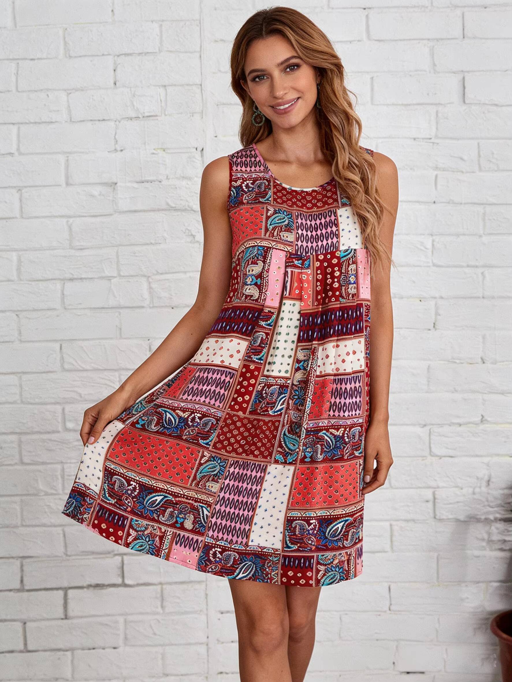 Robe patchwork Paisley pour femmes, sans manches, col rond, ligne A, mini-robe bohème, tenue décontractée de plage, flatteuse et confortable, printemps et été