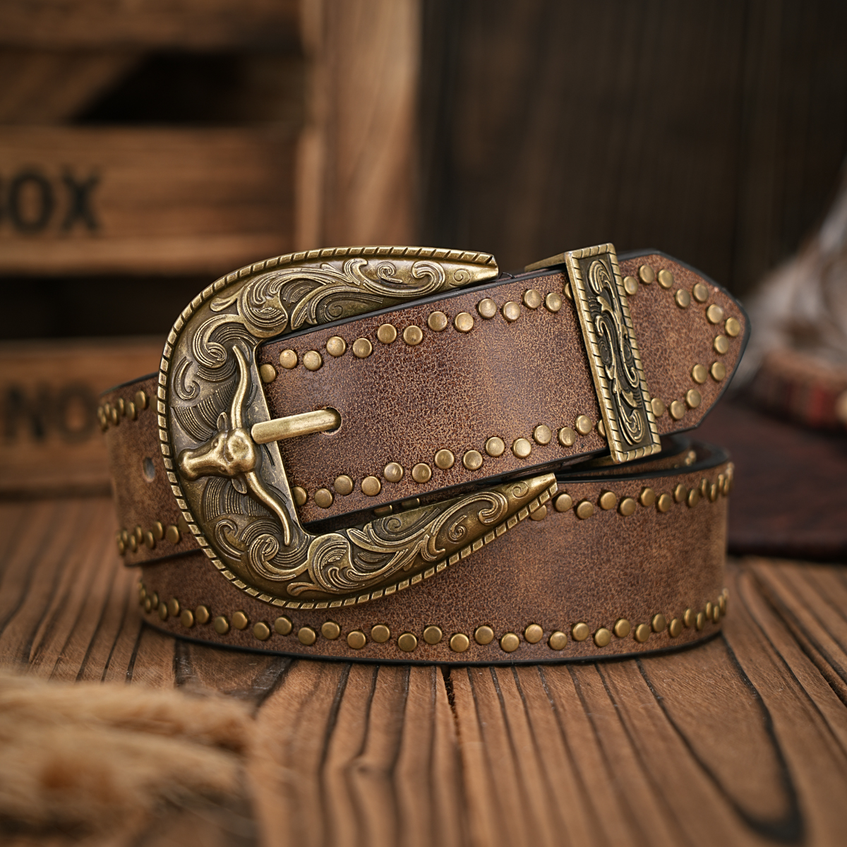 Ceinture en jean western pour hommes et femmes - Cuir PU - Ceinture vintage avec boucle sculptée florale