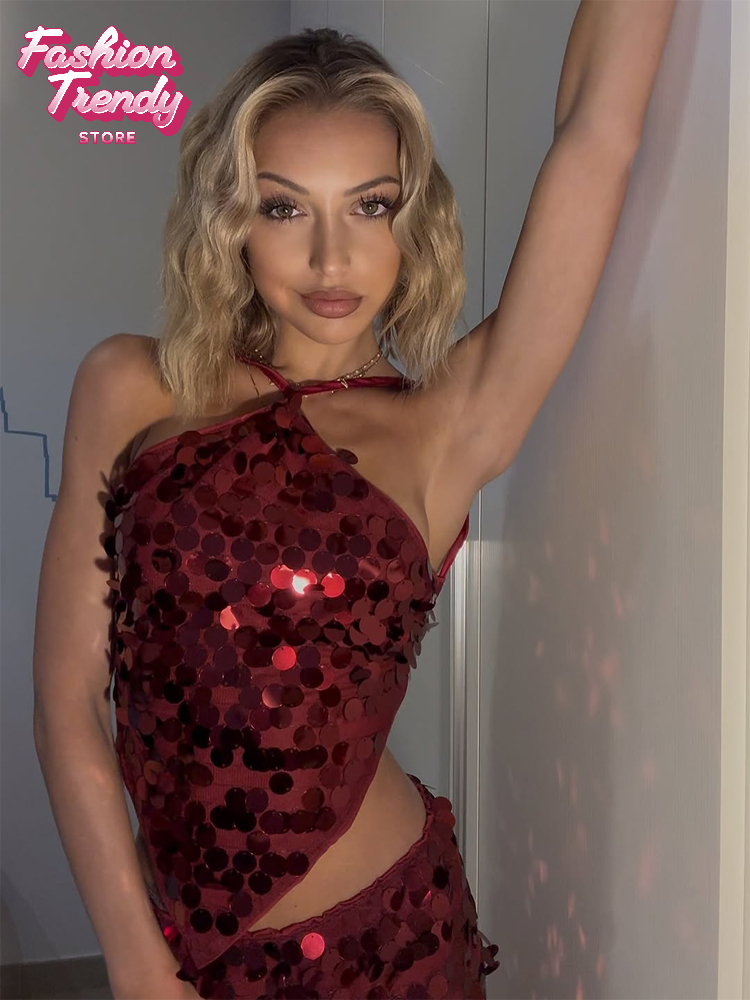 Ensemble jupe 2 pièces à sequins pour femme, sexy, col halter, dos nu, découpes, ourlet irrégulier, jupe courte moulante, tenue de soirée