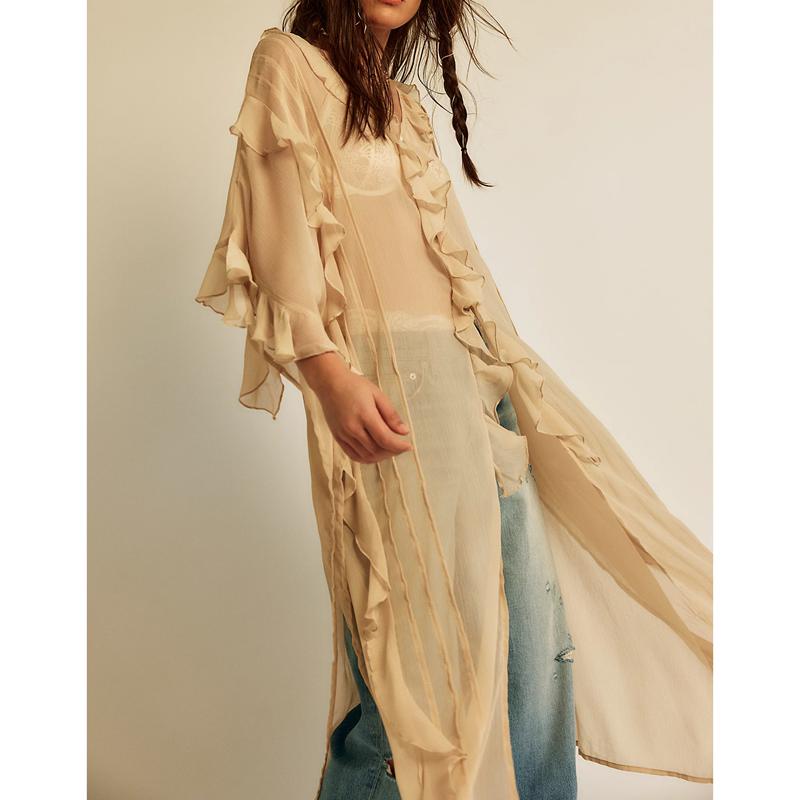 COmbhasaki femmes été Boho maillots de bain transparent Cardigan à volants garniture col en v boutonné fendu couverture longue chemise robe