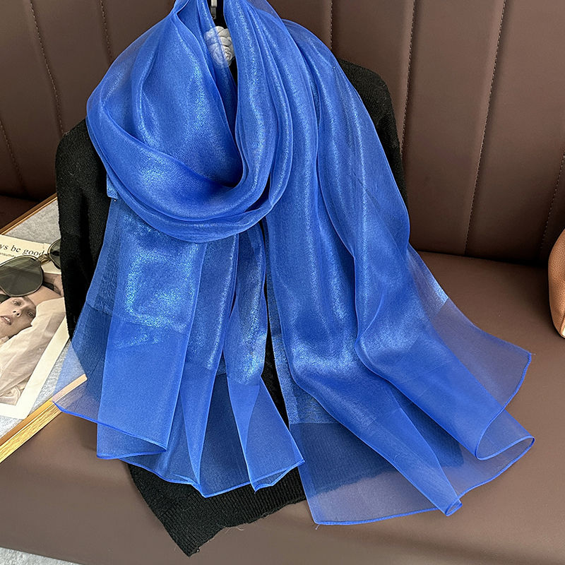 Écharpe en soie et laine, couleur unie, double couche, fine et brillante, grand châle, protection solaire, polyvalente, mode, long foulard pour femme