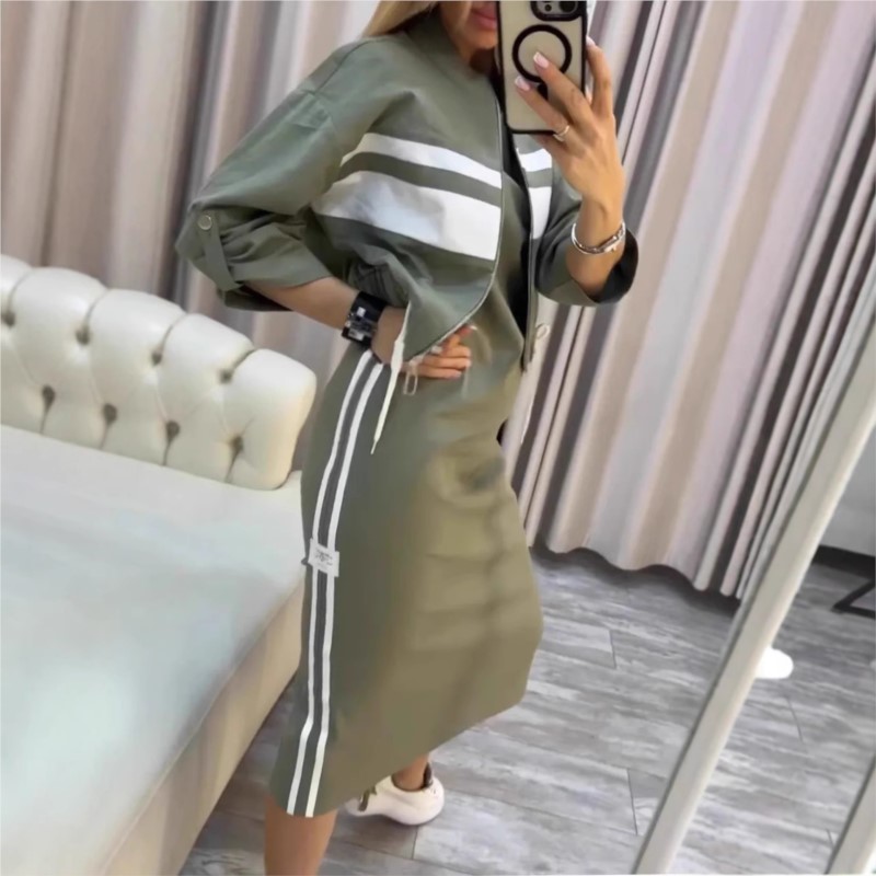 Robe de sport à la mode pour femmes, ensemble veste imprimée rayée, manteau court avec cordon de serrage + robe droite, ensemble deux pièces, vêtements de sport décontractés