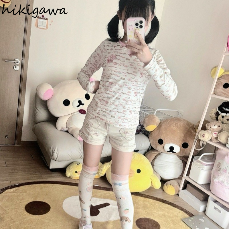 Tunique à manches longues et col rond pour femmes, haut imprimé anime, t-shirts courts mignons, t-shirts décontractés, mode estivale, Y2K