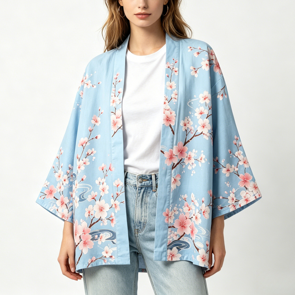 Kimono japonais unisexe en coton, style vintage, imprimé floral Sakura et grue, pour l'été, la plage, ou comme veste décontractée ample bohème