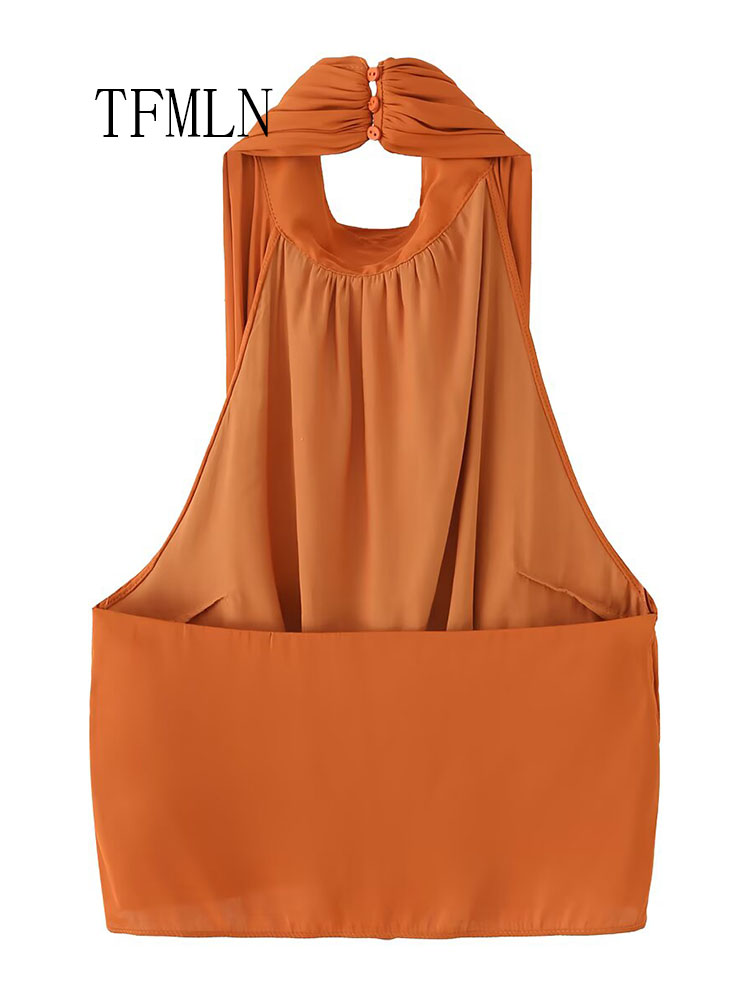 Mode Été 2026 Femme : Hauts plissés à col licou, élégants, sans manches, dos nu, décontractés, à plis chics, style urbain, courts et pull-overs