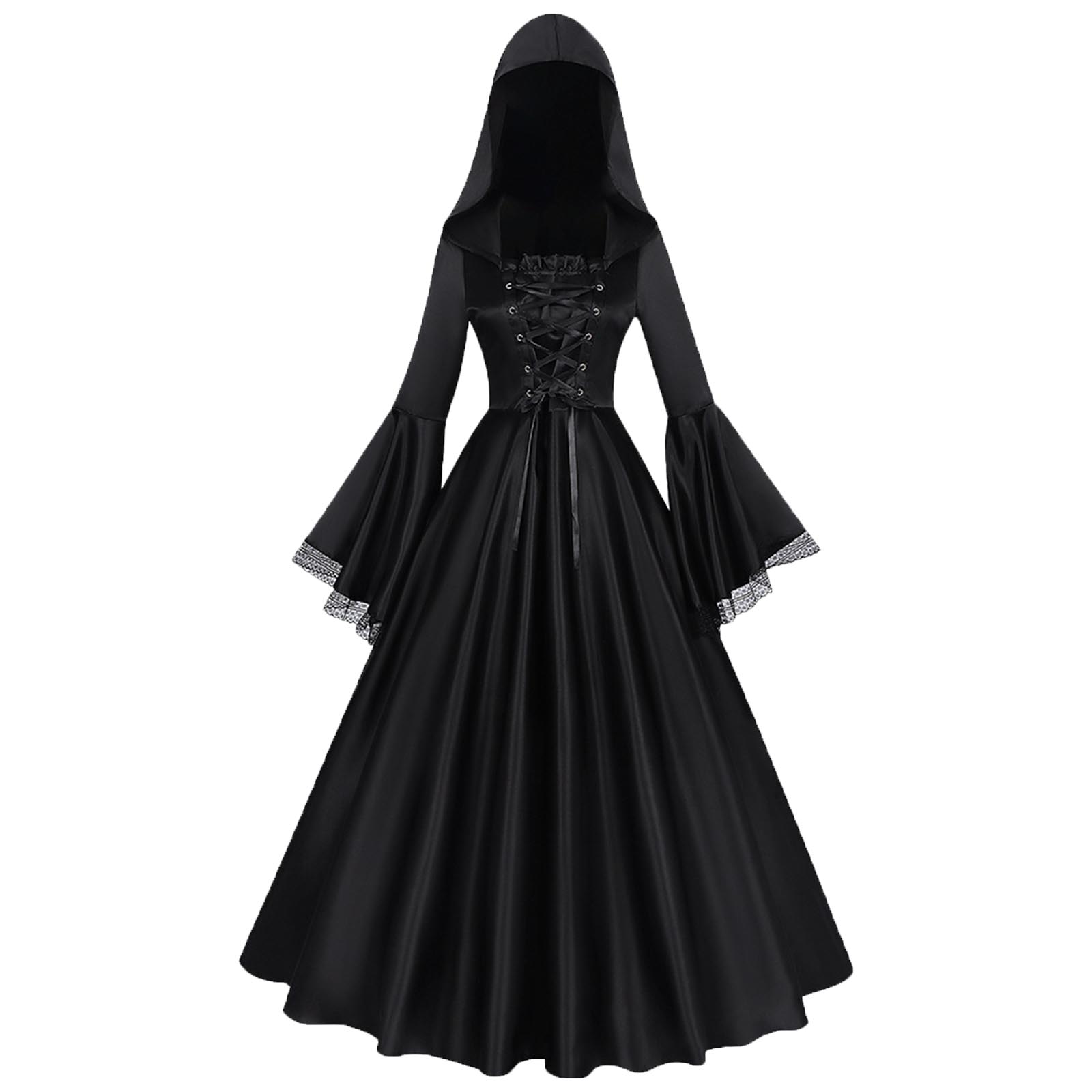 Robe longue médiévale gothique à capuche pour femme, style rétro, avec lacets, manches trompette, robe de danse rétro, robe victorienne pour fête
