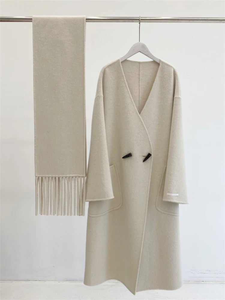 Manteau en laine à col en V pour femme, pardessus femme mi-long, écharpe double face, cachemire chaud, mode coréenne, automne, hiver, nouveau