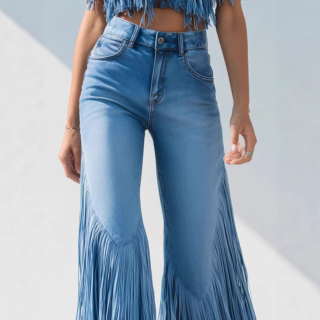 Jean en denim pour femme, bleu foncé uni, à franges, coupe ample asymétrique, style basique simple, mode américaine et européenne