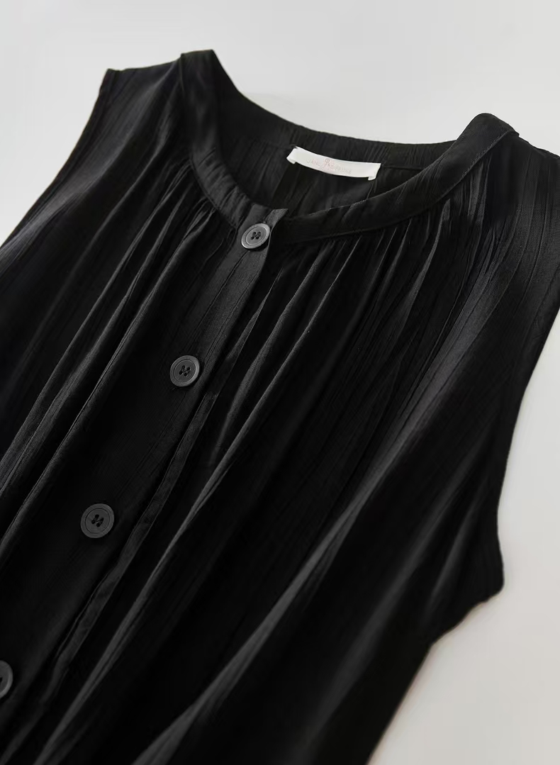 Robe noire pour femme, nouvelle collection été, style coréen, chic, élégante, à col rond, mi-longue, décontractée, à simple boutonnage