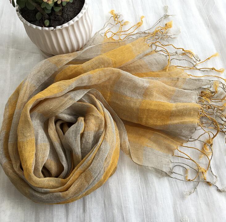 Écharpe jaune à carreaux en lin pour hommes et femmes, pashmina, châles, enveloppes, tête, abonnés, glands, printemps, 100%