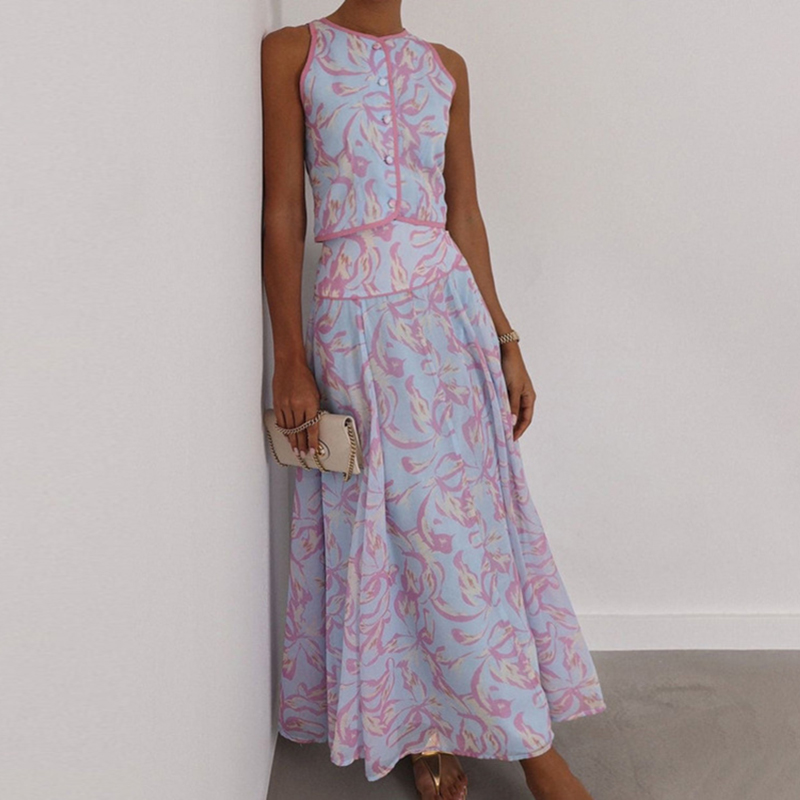 Nouvel ensemble bohème d'été sans manches, imprimé tendance, élégant pour les fêtes, ensemble pour femmes, haut à col rond boutonné et jupe longue