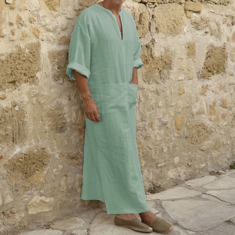 Nouveaux hommes Jubba Thobe caftan musulman arabe islamique col en v à manches courtes solide coton lin Robes mode musulmane arabie homme abaya