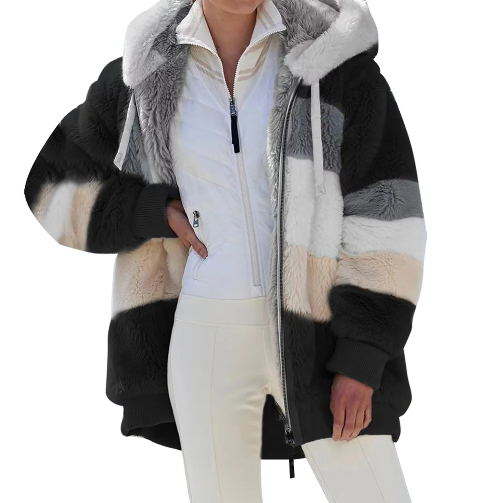 Veste surdimensionnée pour femmes manteau 2025 automne hiver chaud en peluche poche à capuche Streetwear ample dame fermeture éclair cachemire manteau d'extérieur