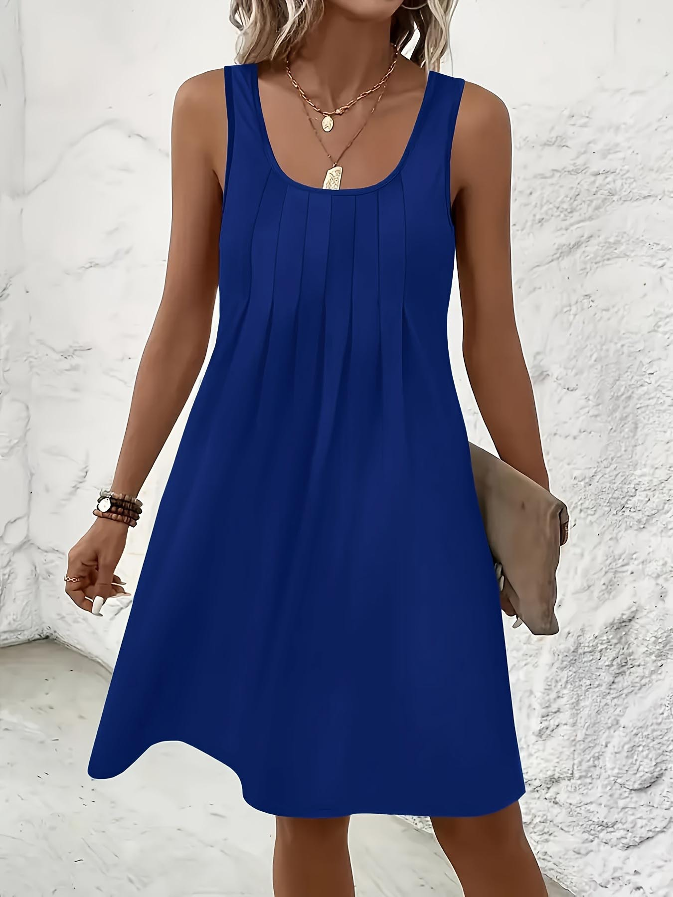 Nouvelle Robe Décontractée Femme 2026 – Débardeur Plissé Col U Coupe Ample Mini Robe Unie Douce pour l'Été, la Plage et le Quotidien