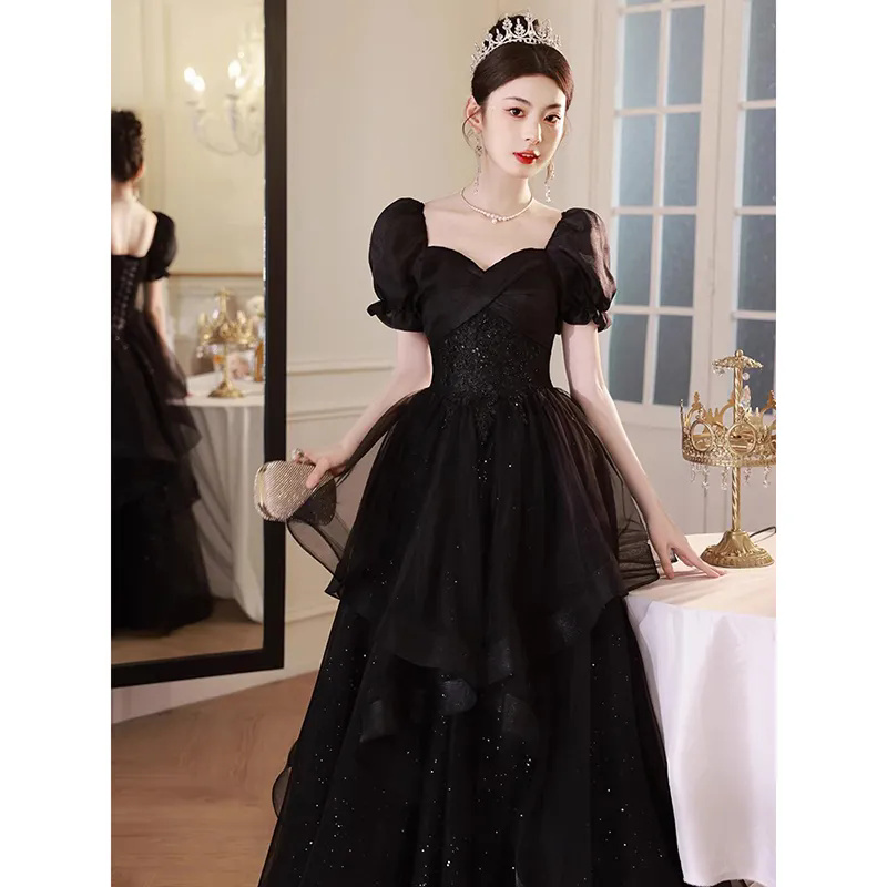Robe de soirée noire pour femmes, sens haut de gamme, tempérament de Niche, robe longue et courte, robe d'hôte de soirée pour femmes, 2025