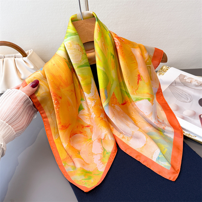 Écharpes en soie imitation à imprimé floral, foulards carrés tendance, bandanas pour femmes, hijab de luxe, foulards élégants, châles