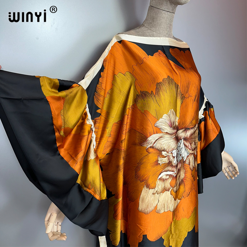 WINYI Robe de soirée d'été à manches bouffantes, Abaya de luxe de Dubaï, Kaftan ample imprimé pour femme, Vêtement musulman, Robe de plage