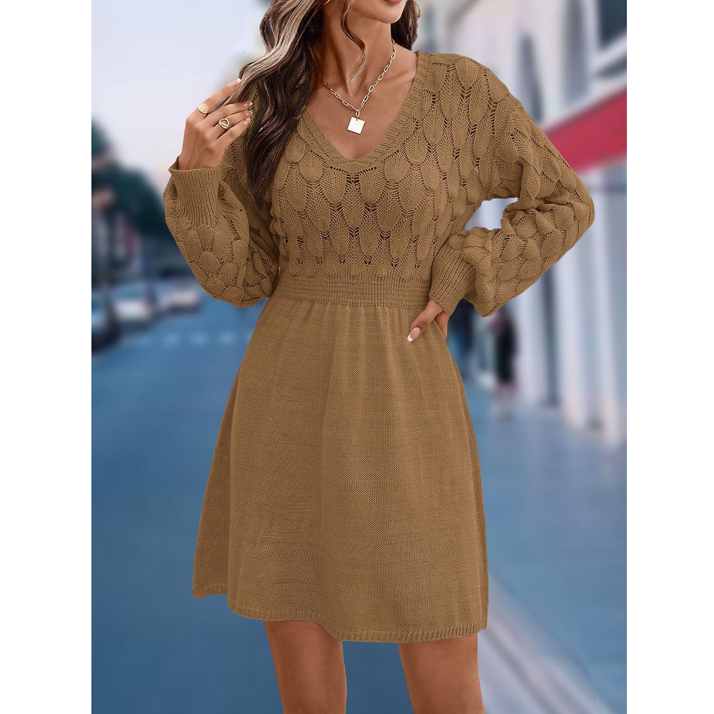 Femmes automne hiver pull robes col en v 3D Crochet tricoté longs pulls robe