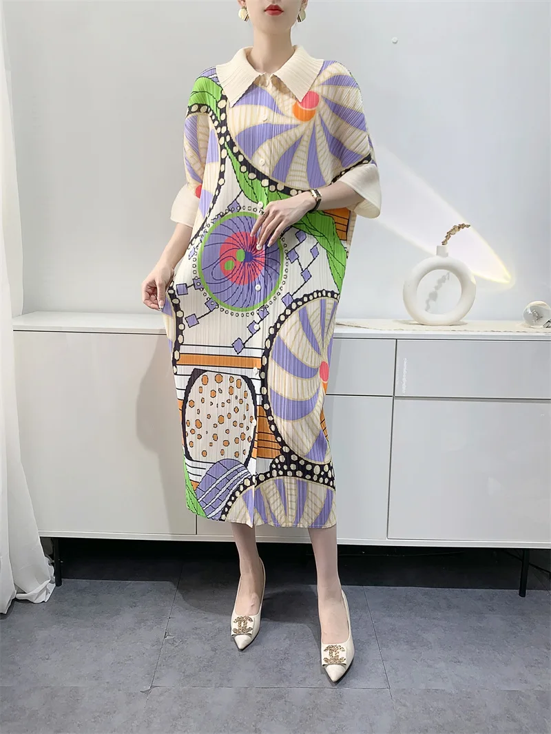Ata Yake-Robes imprimées plissées mi-longues pour femmes, jupes décontractées à manches chauve-souris, grande taille, mode adt, début du printemps, nouveau, 2024