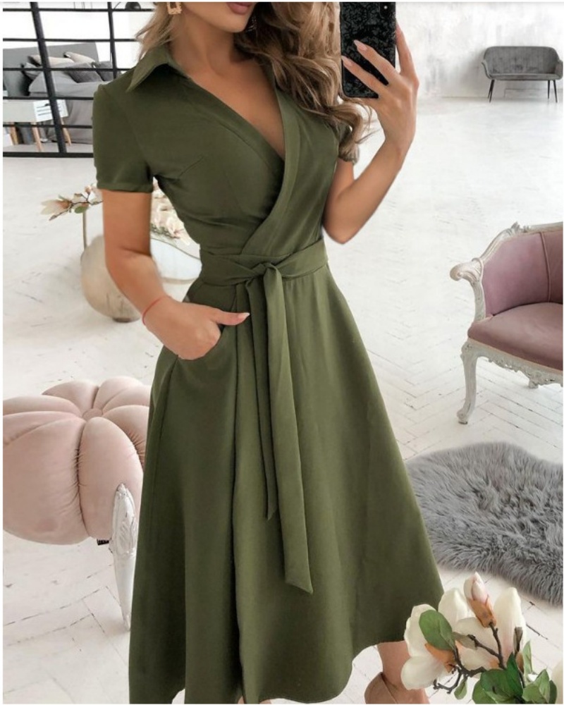 Robe mi-longue à manches courtes pour femmes, col en V, avec ceinture à nouer soi-même et poches latérales, pour tenue décontractée, de soirée ou de fête