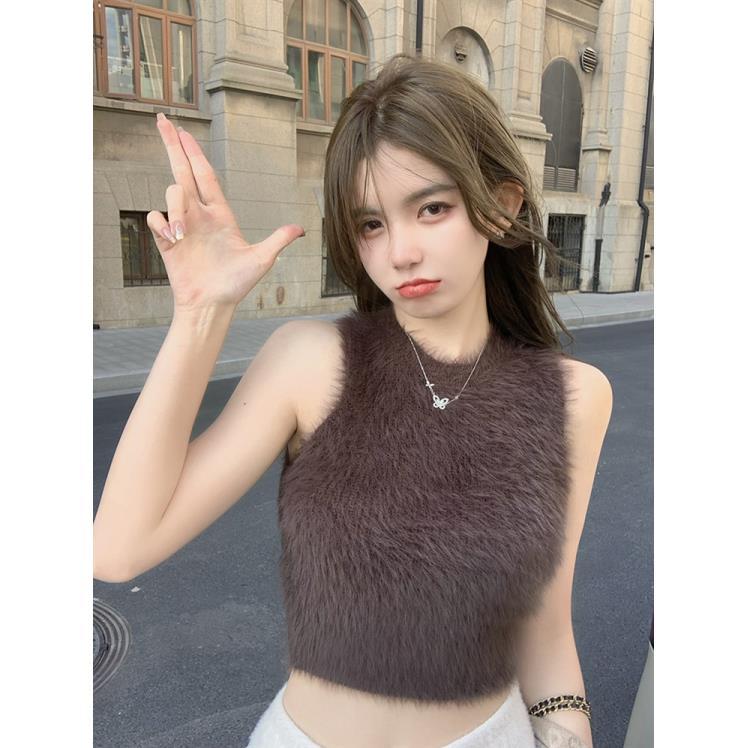 Haut court Sexy en fausse fourrure pour femmes, vêtements Vintage Y2k, débardeur tricoté sans manches, pulls, tenues de fête en Club, mode coréenne, nouveau