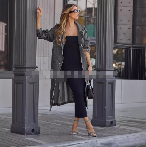 Veste longue délavée pour femme, coupe-vent en denim, poches, revers à lacets, double boutonnage, manteau décontracté, vêtements d'extérieur féminins, 2025