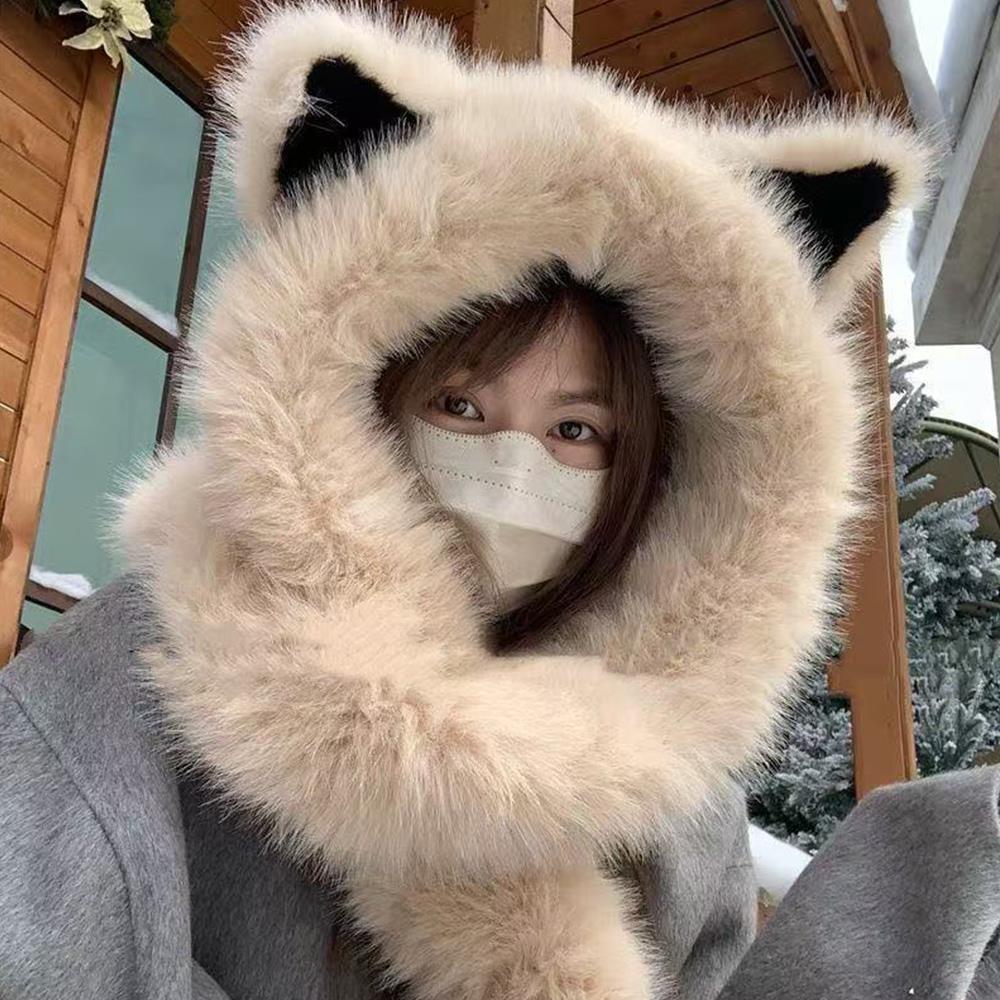 Mignon renard oreille moelleux chapeau écharpe chaud épais en peluche à capuche écharpe pour les femmes hiver coupe-vent Protection oreille chapeau Lei Feng chapeaux
