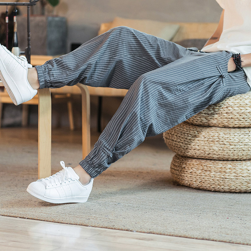 Pantalon Harem Homme Longueur Cheville avec Taille Élastique en Coton et Lin à Rayures – Nouvelle Collection 2026 Vêtements Homme