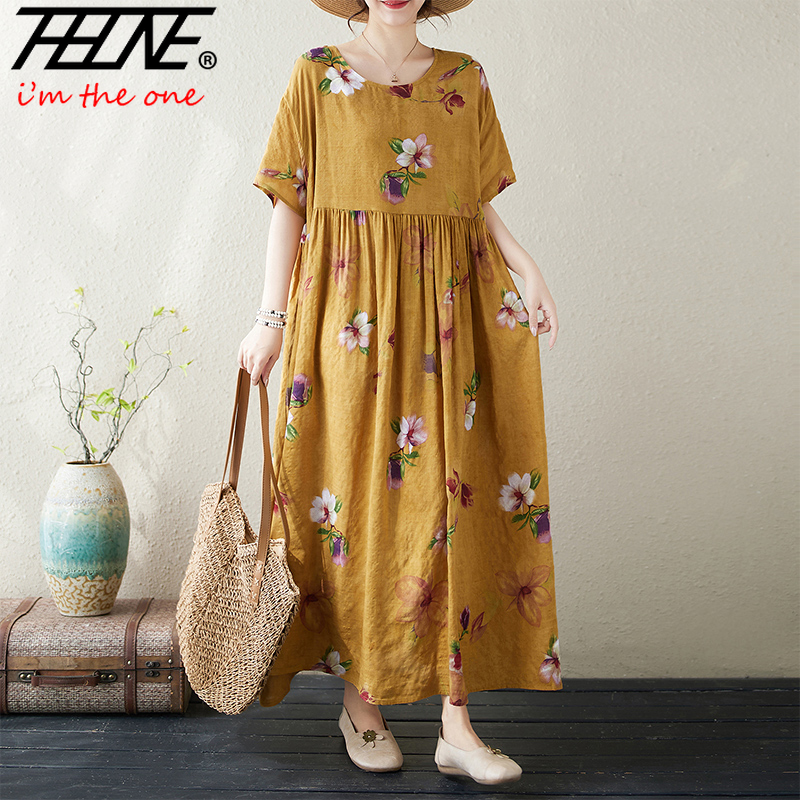 Robe maxi longue à imprimé bohème pour femmes, robe florale, lin de coton décontracté, robe éducative, grande taille, prêt à l'emploi, stock