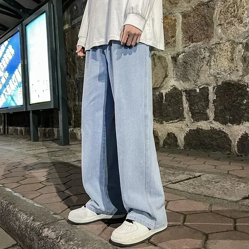 Jean pour hommes Version coréenne étudiant pantalons décontractés haute rue droite ample jambe large jean noir gris bleu Baggy jean