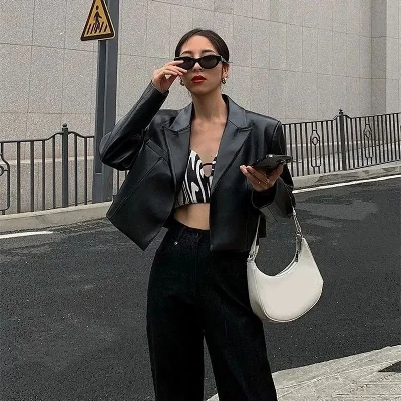 FANAN femmes veste en cuir Vintage américain rue revers court noir PU Biker manteaux femme 2025 automne mode culture hauts manteaux