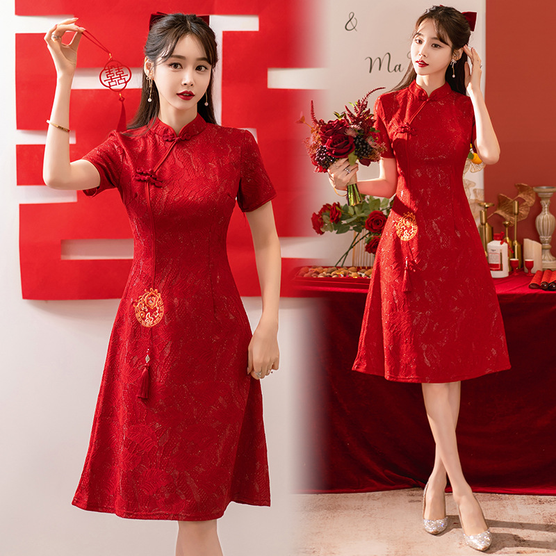 Robe Cheongsam à manches courtes pour femmes, Qipao moderne, vêtements traditionnels chinois, rouge, mode d'été