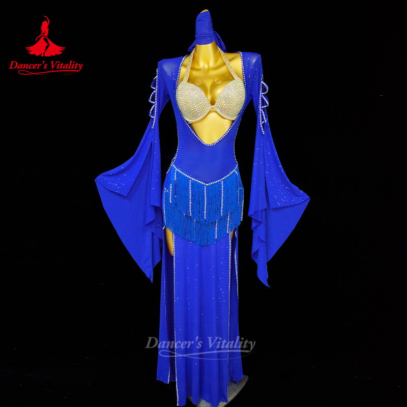 Robes de spectacle de danse du ventre pour femmes, Robe à franges Sexy + soutien-gorge + foulard en pierres AB pour personnes âgées, 3 pièces, tenue Shaabi Balady Saidy pour adultes