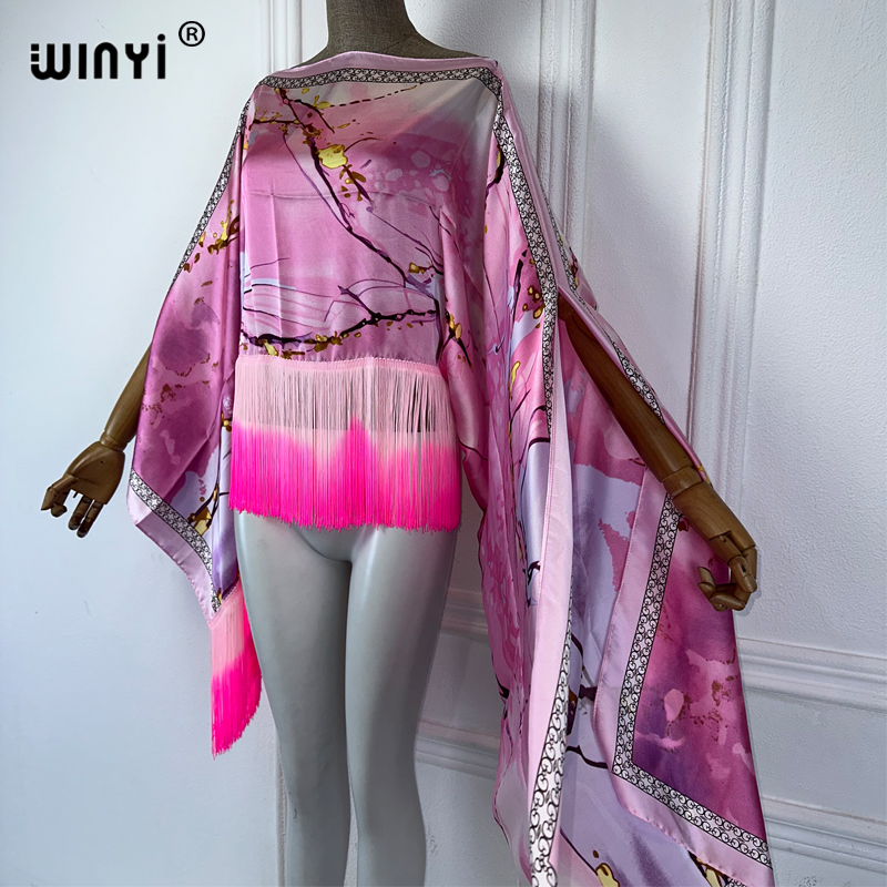 WINYI Beach Nouvelle Robe à Pompons, Robe Longue Maxi Africaine, Couvre-Bikini Imprimé Bohème d'Été, Kaftan Élégant et Tendance, Robe Sexy pour Fête et Vacances